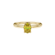 Close-up, oval cut canary yellow gemstone, yellow gold lotus basket ring.