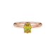 Close-up, oval cut canary yellow gemstone ring, rose gold lotus basket.