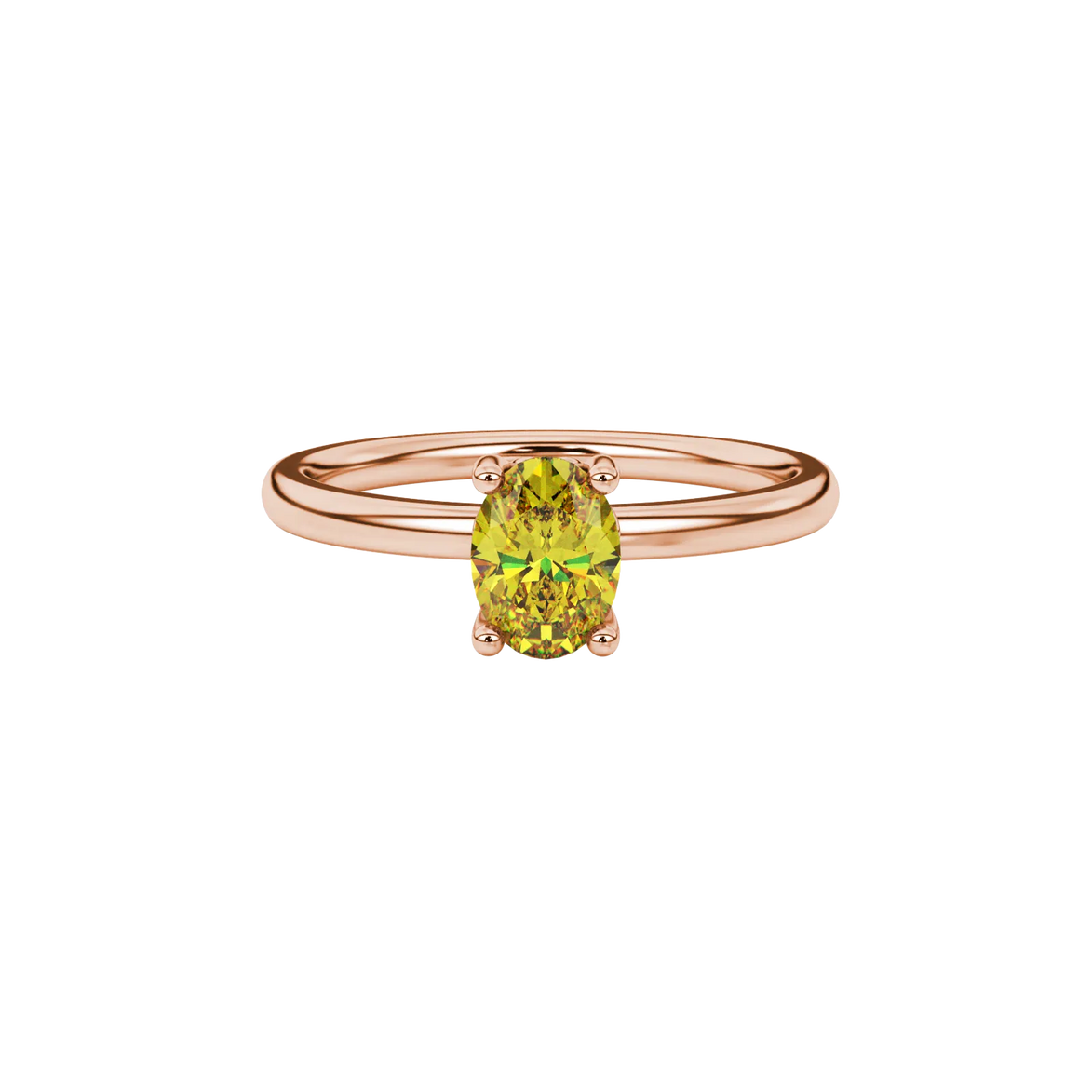 Close-up, oval cut canary yellow gemstone ring, rose gold lotus basket.