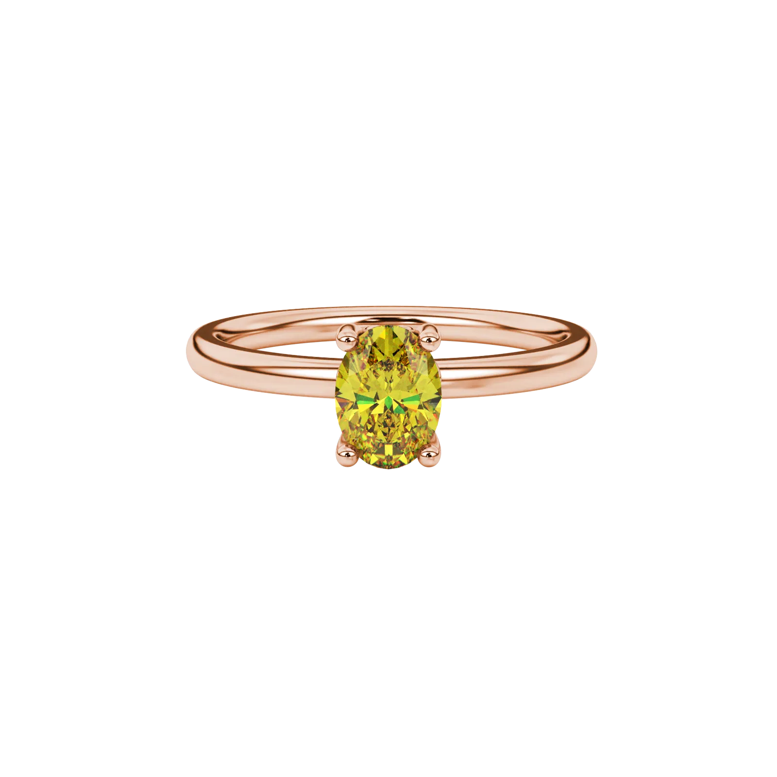 Close-up, oval cut canary yellow gemstone ring, rose gold lotus basket.
