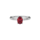 Close-up oval cut raspberry red gemstone ring, white gold lotus basket.