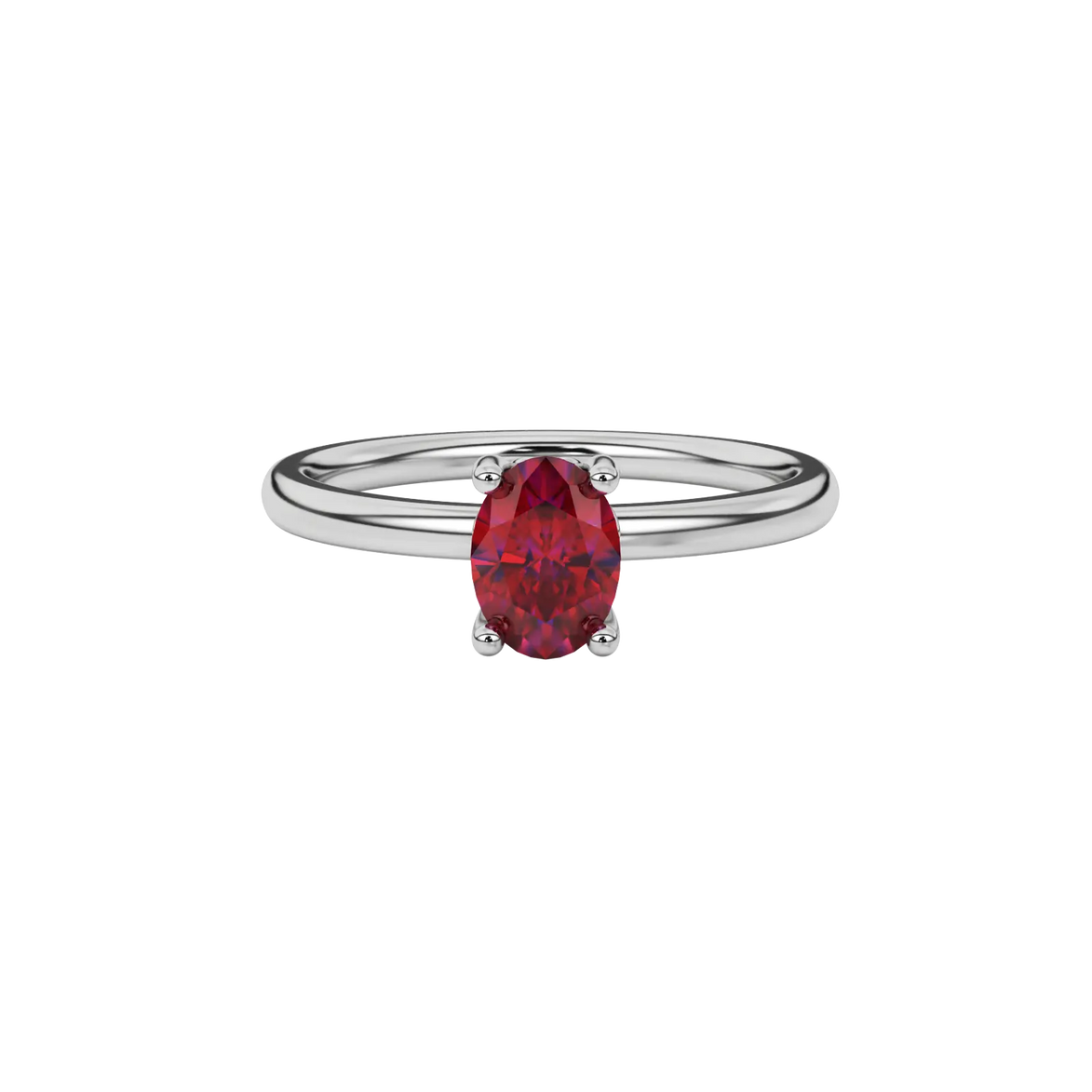 Close-up oval cut raspberry red gemstone ring, white gold lotus basket.