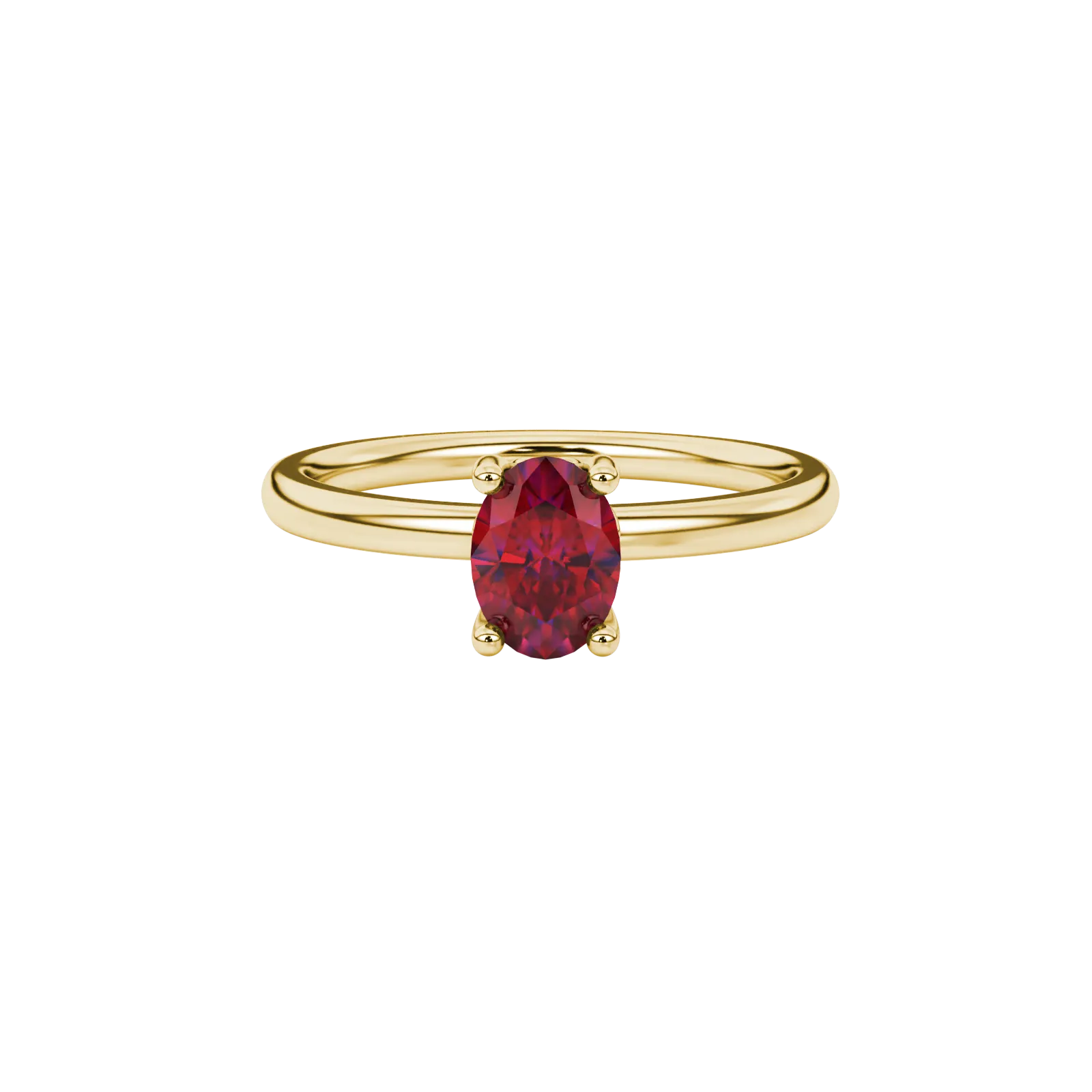Close-up, oval cut raspberry red gemstone, yellow gold lotus basket ring.