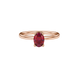 Close-up, oval cut raspberry red gemstone ring, rose gold lotus basket.