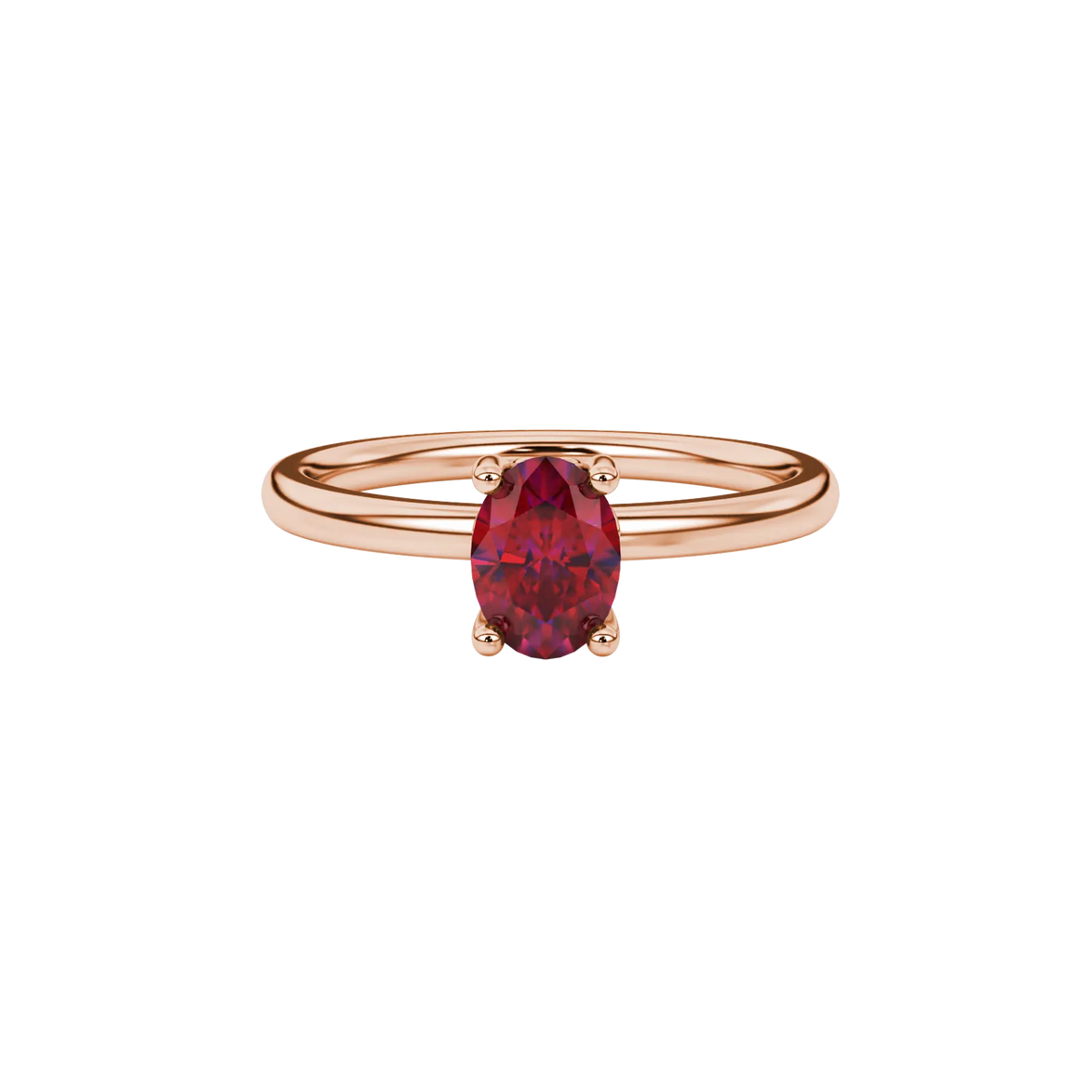 Close-up, oval cut raspberry red gemstone ring, rose gold lotus basket.