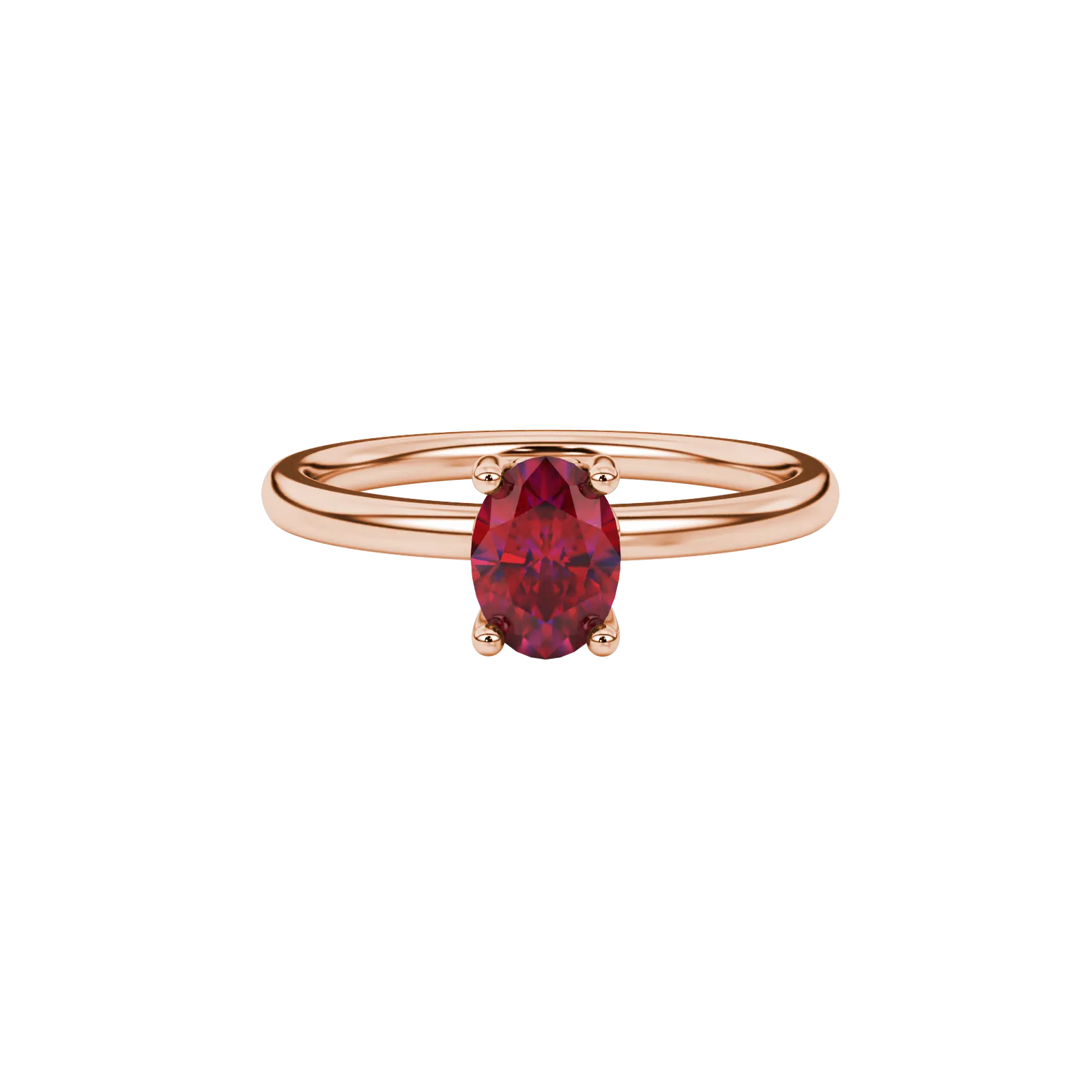 Close-up, oval cut raspberry red gemstone ring, rose gold lotus basket.
