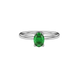 Close-up oval cut emerald green gemstone ring, white gold lotus basket.