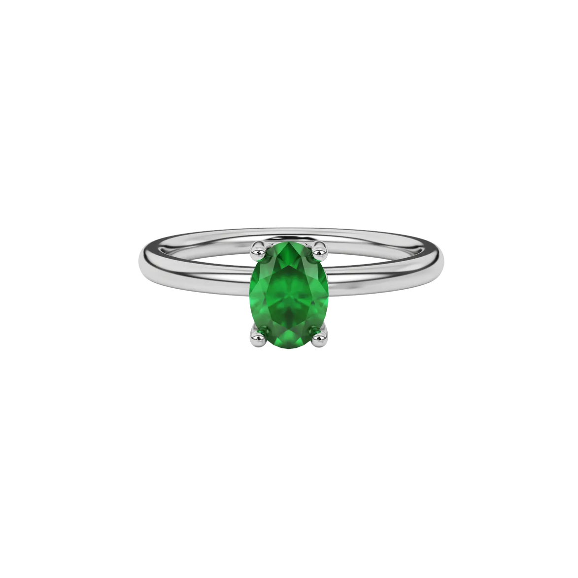 Close-up oval cut emerald green gemstone ring, white gold lotus basket.