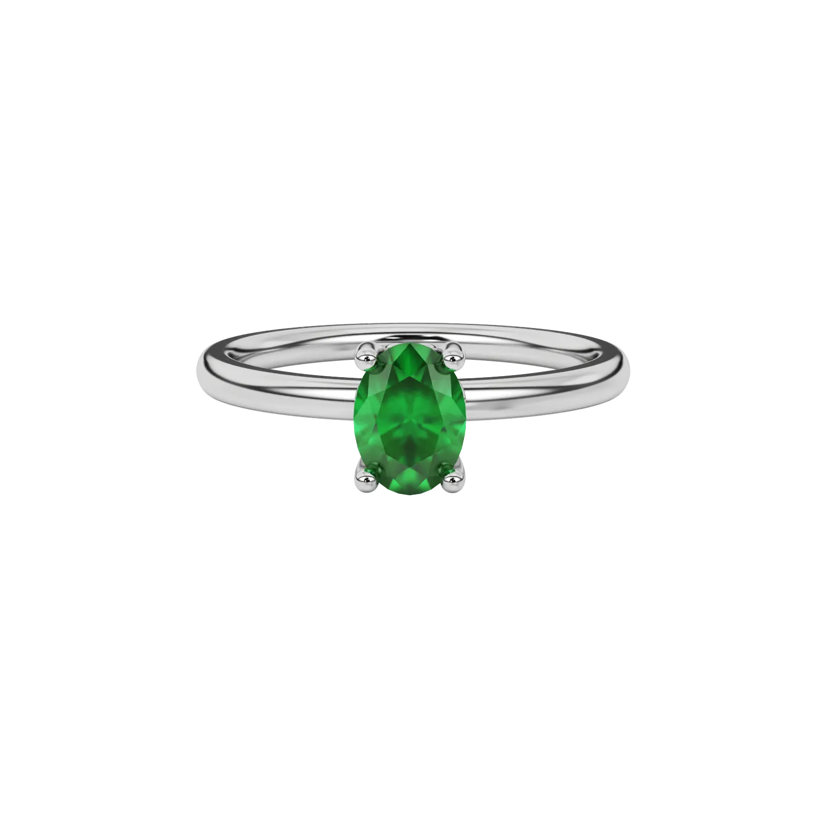 Close-up oval cut emerald green gemstone ring, white gold lotus basket.