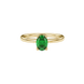 Close-up, oval cut emerald green gemstone, yellow gold lotus basket ring.