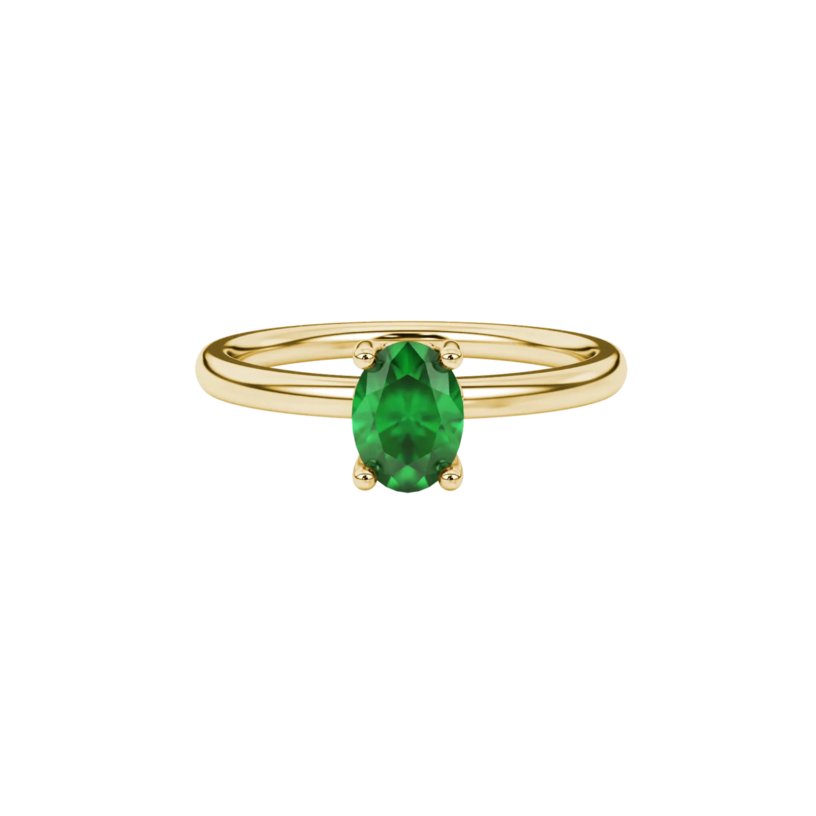 Close-up, oval cut emerald green gemstone, yellow gold lotus basket ring.