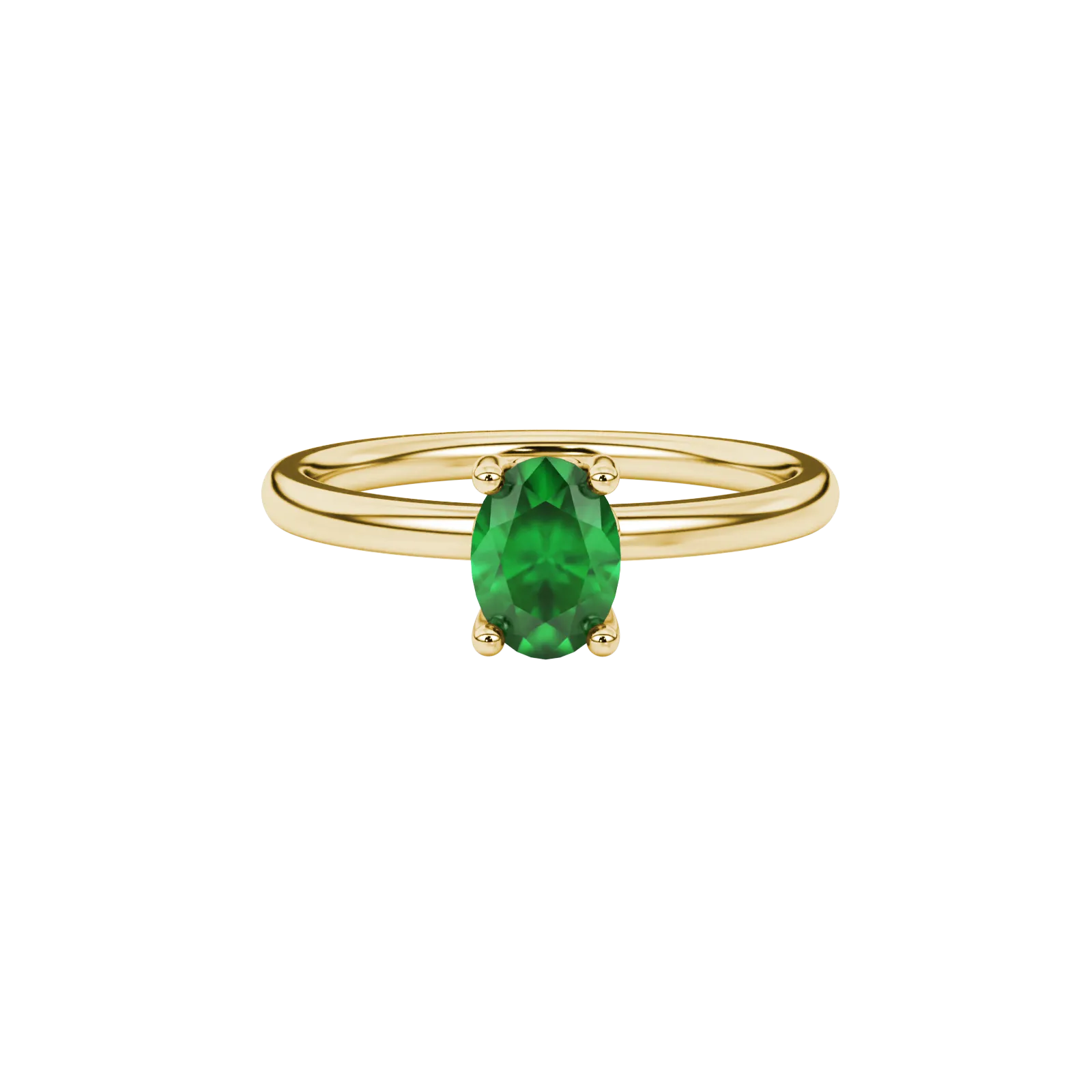 Close-up, oval cut emerald green gemstone, yellow gold lotus basket ring.