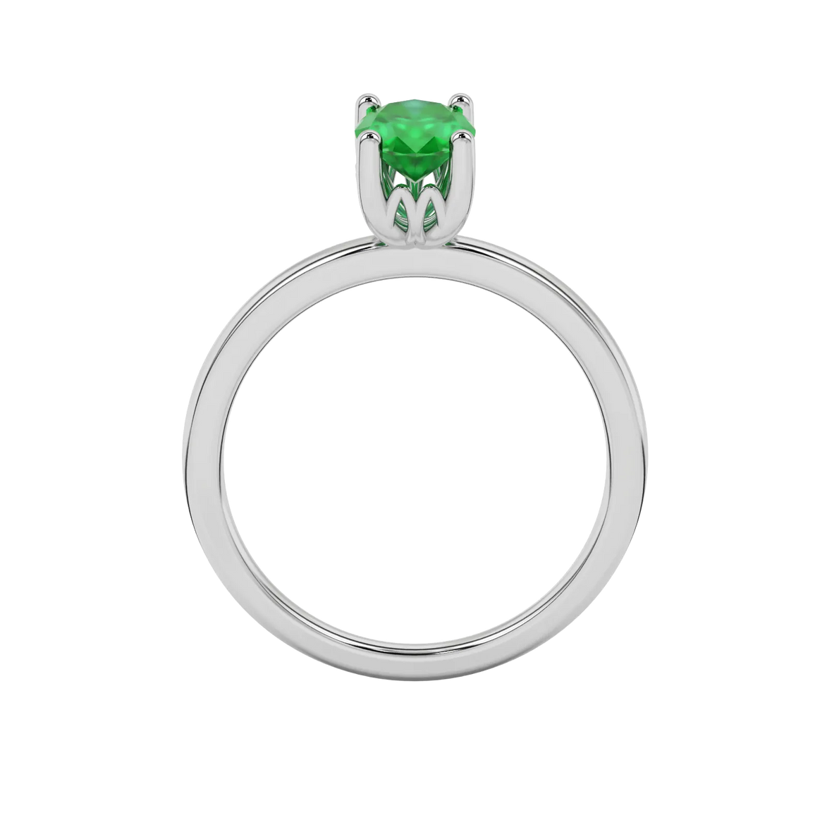 Oval cut emerald green gemstone ring, white gold lotus basket setting.