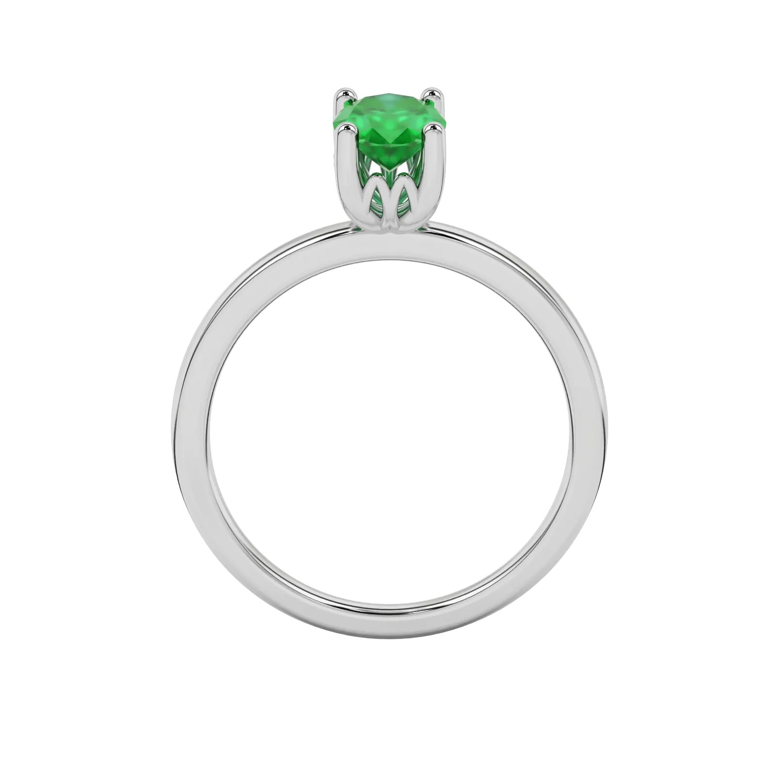 Oval cut emerald green gemstone ring, white gold lotus basket setting.