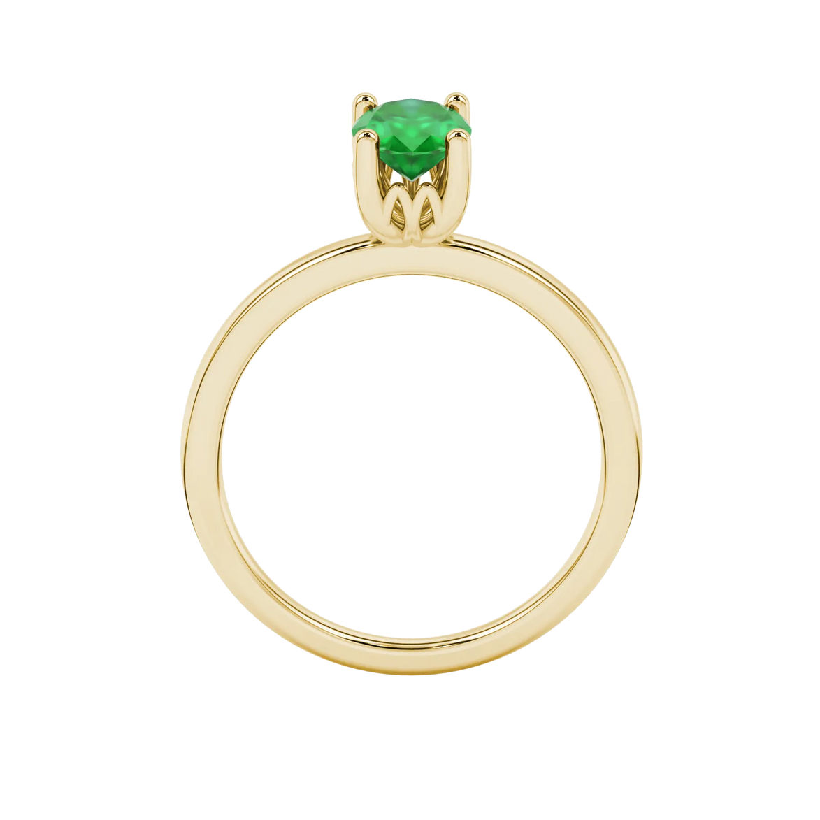 Oval cut emerald green gemstone ring, yellow gold lotus basket setting.