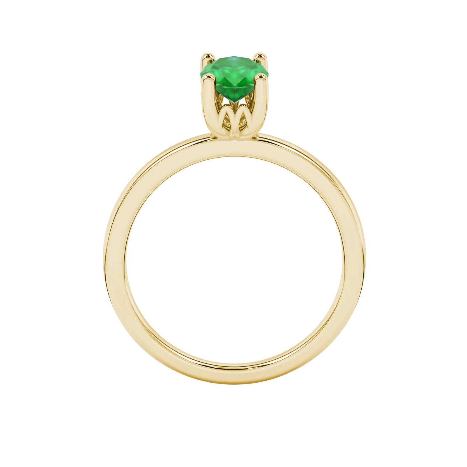 Oval cut emerald green gemstone ring, yellow gold lotus basket setting.