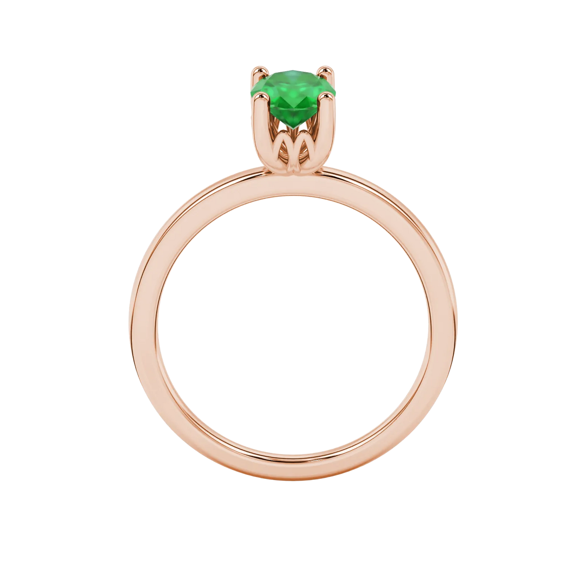 Oval cut emerald green gemstone ring, rose gold lotus basket setting.