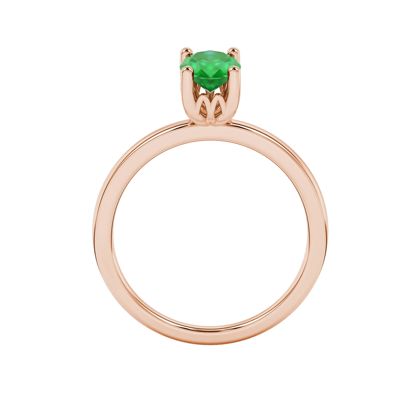Oval cut emerald green gemstone ring, rose gold lotus basket setting.