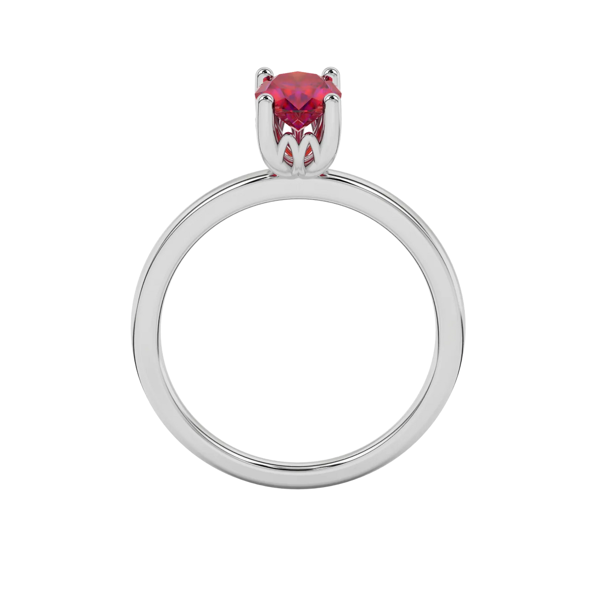 Oval cut raspberry red gemstone ring, white gold lotus basket setting.