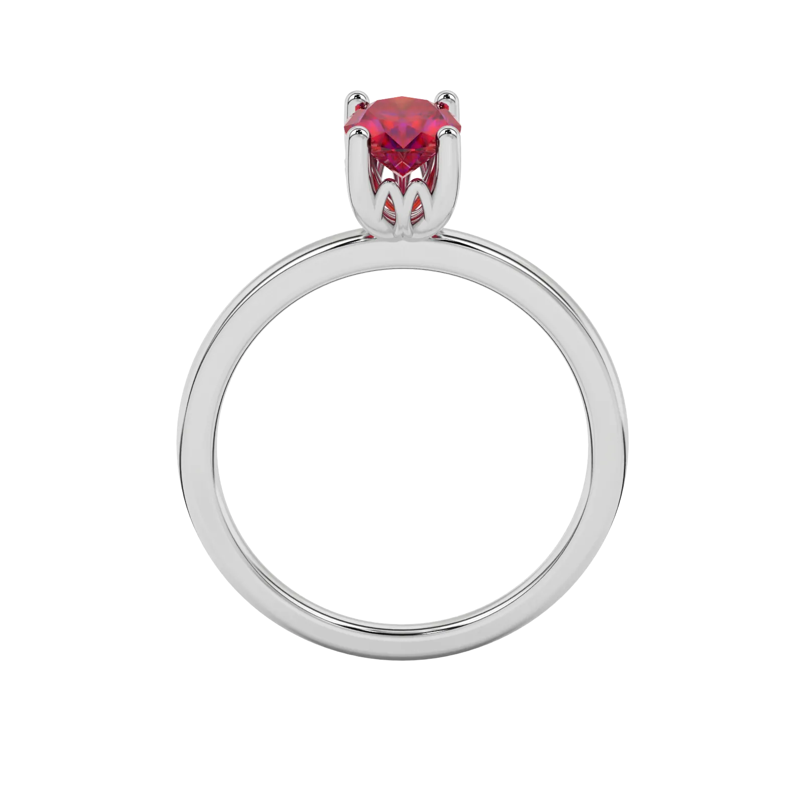 Oval cut raspberry red gemstone ring, white gold lotus basket setting.