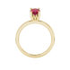 Oval cut raspberry red gemstone ring, yellow gold lotus basket setting.
