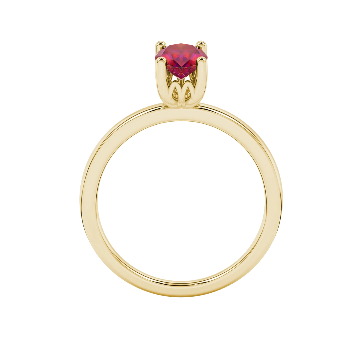 Oval cut raspberry red gemstone ring, yellow gold lotus basket setting.