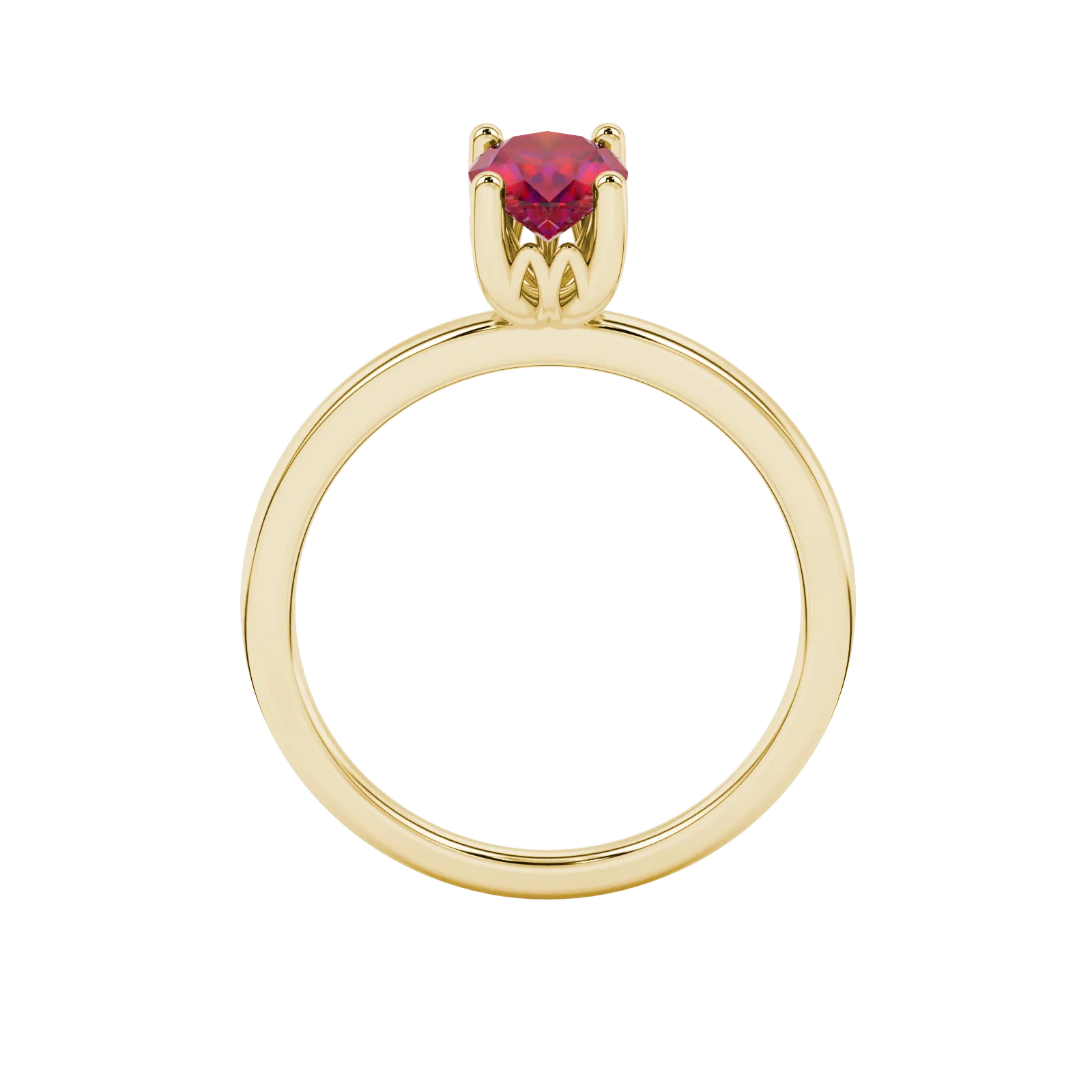 Oval cut raspberry red gemstone ring, yellow gold lotus basket setting.