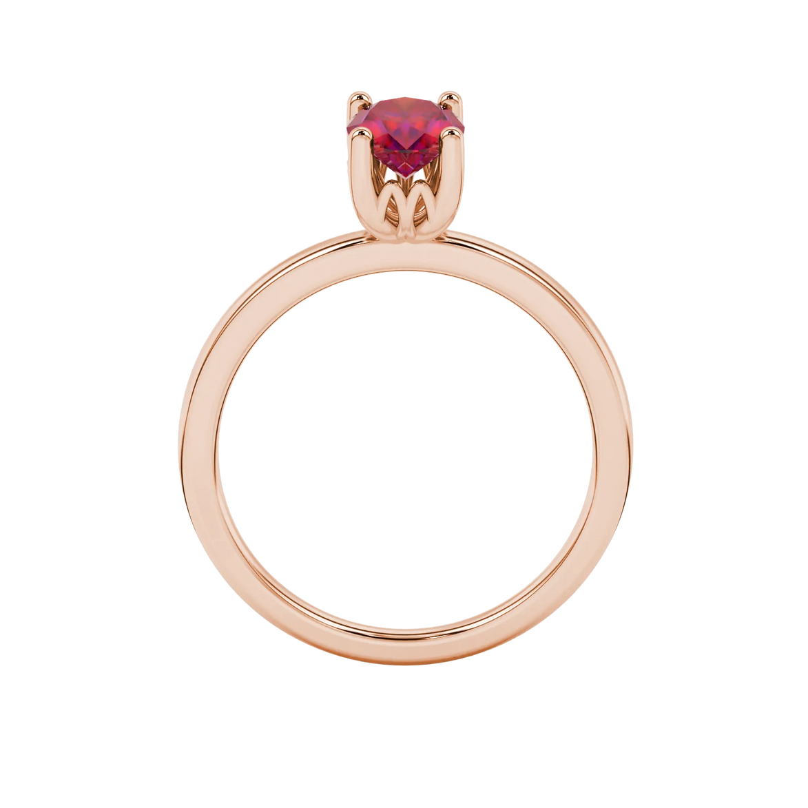 Oval cut raspberry red gemstone ring, rose gold lotus basket setting.