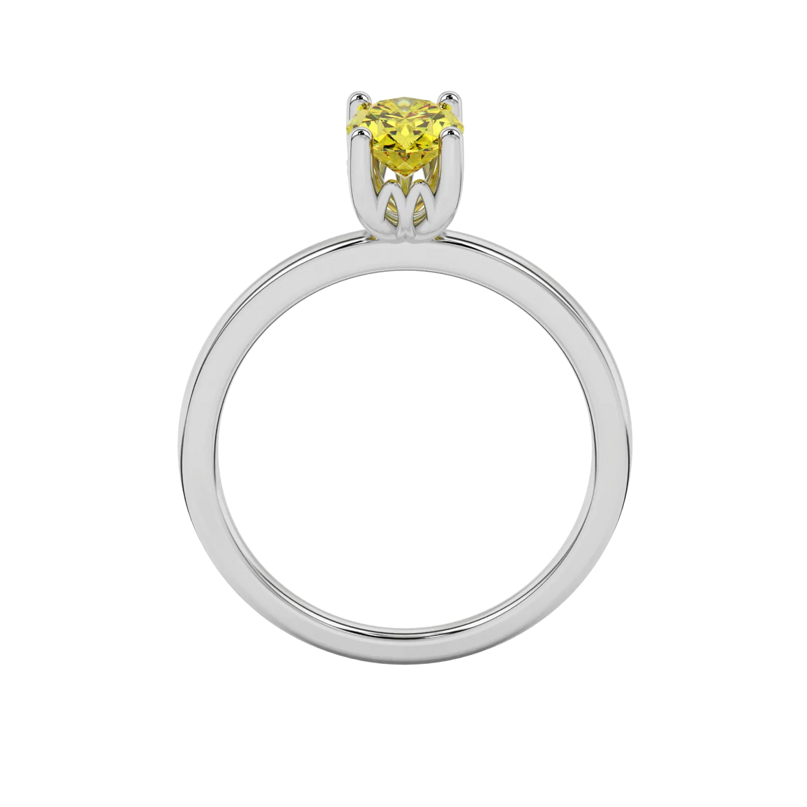 Oval cut canary yellow gemstone ring, white gold lotus basket setting.