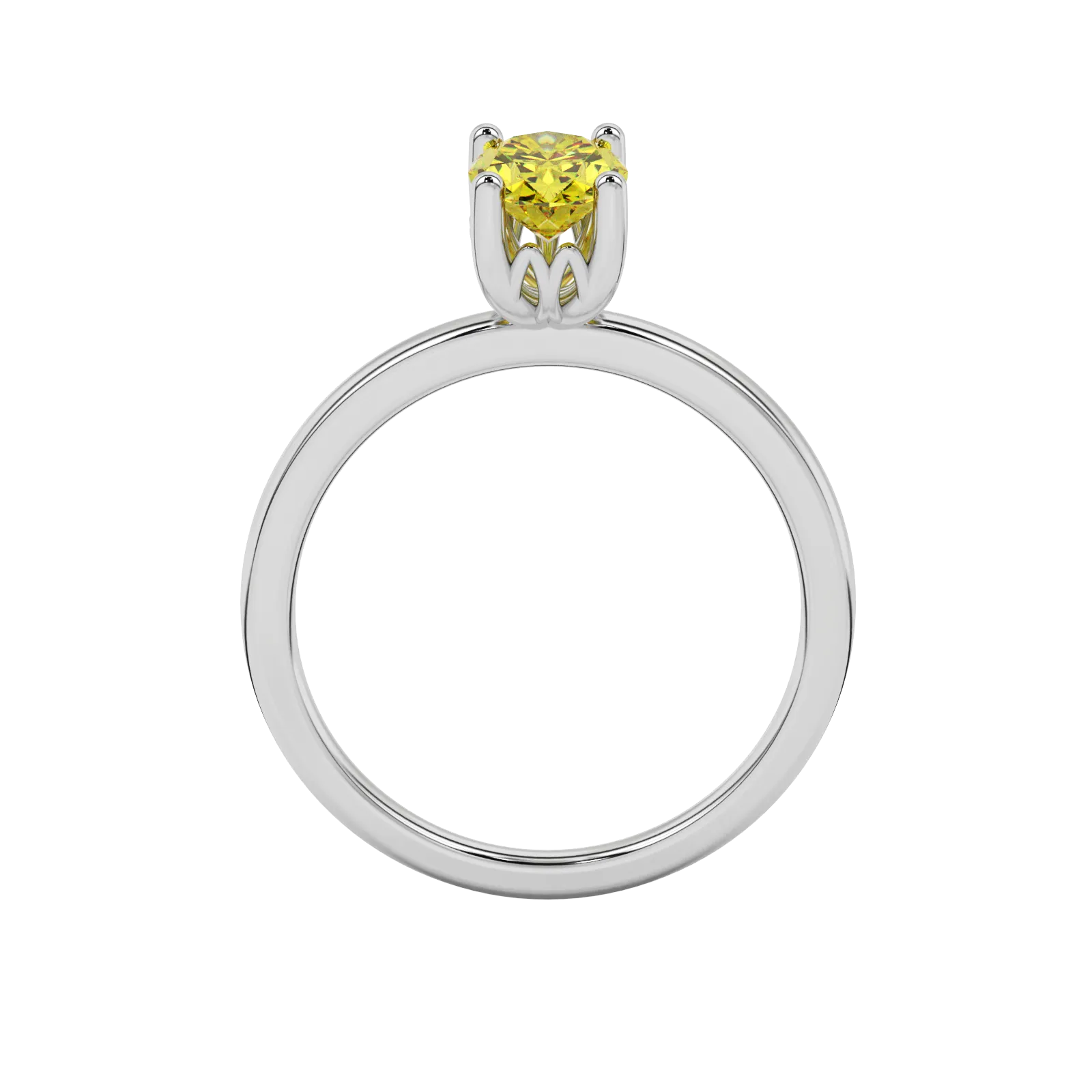 Oval cut canary yellow gemstone ring, white gold lotus basket setting.