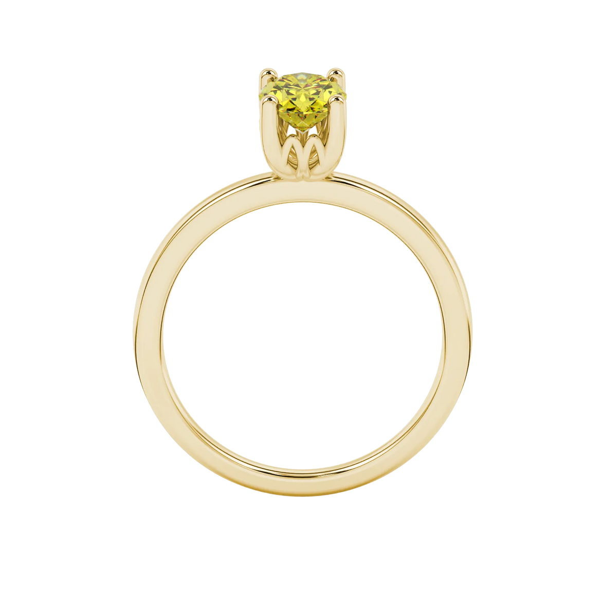 Oval cut canary yellow gemstone ring, yellow gold lotus basket setting.