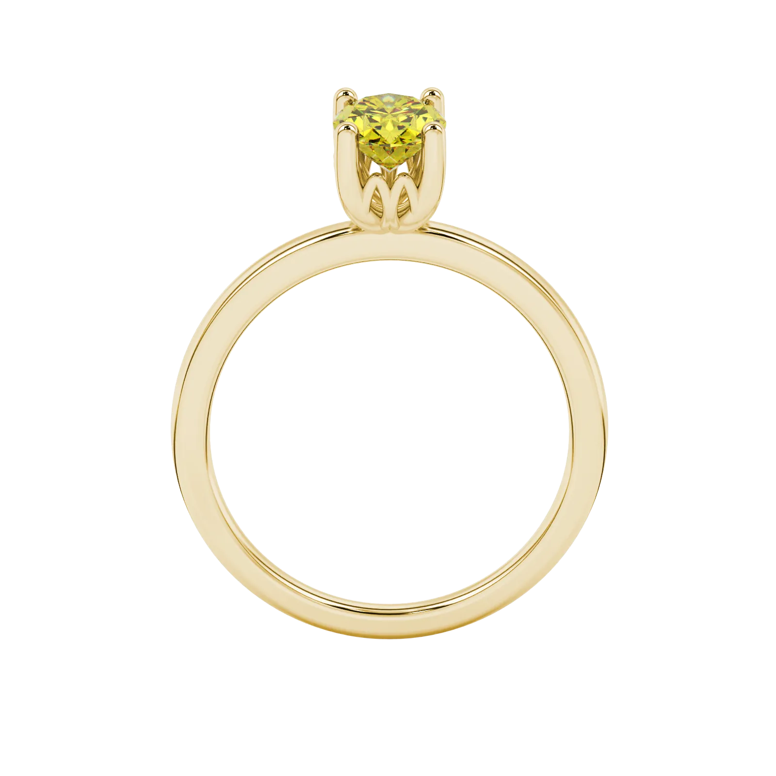Oval cut canary yellow gemstone ring, yellow gold lotus basket setting.
