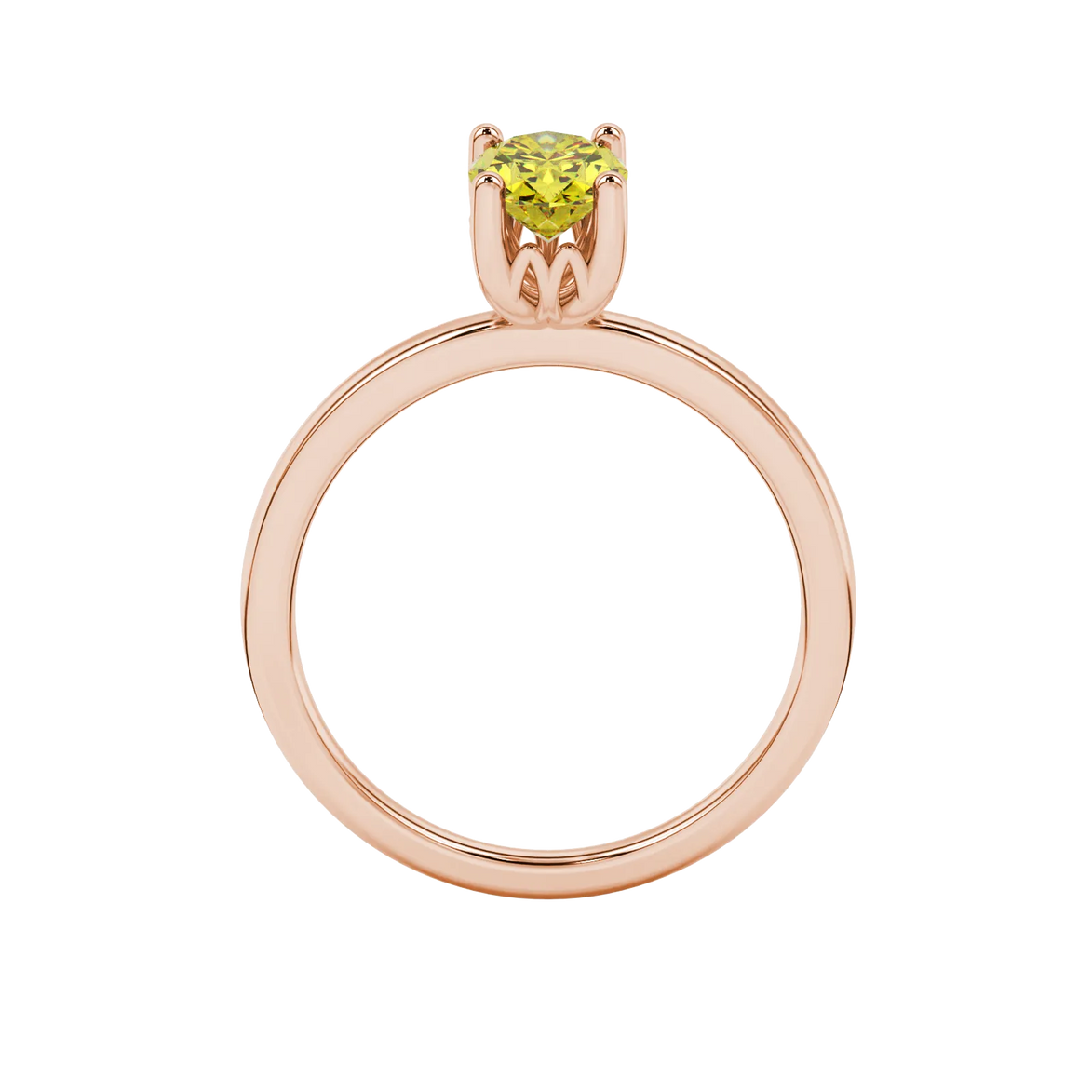 Oval cut canary yellow gemstone ring, rose gold lotus basket setting.