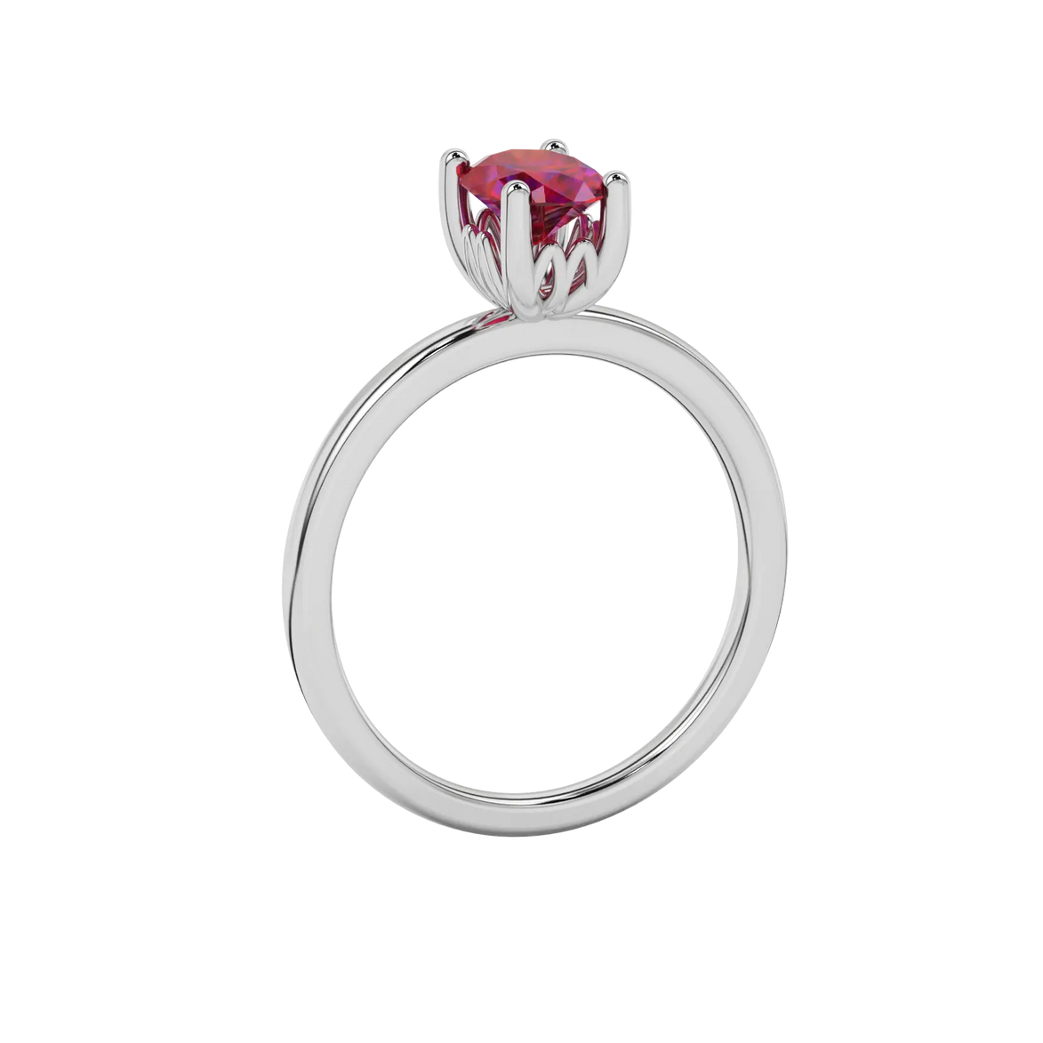 Side profile, white gold raspberry red ring, lotus basket gallery.