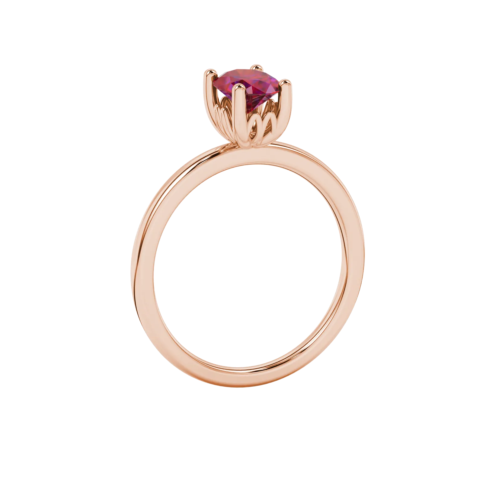 Side profile, rose gold raspberry red ring, lotus basket gallery.