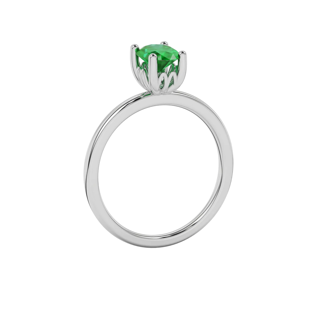 Side profile, white gold emerald green ring, lotus basket gallery.