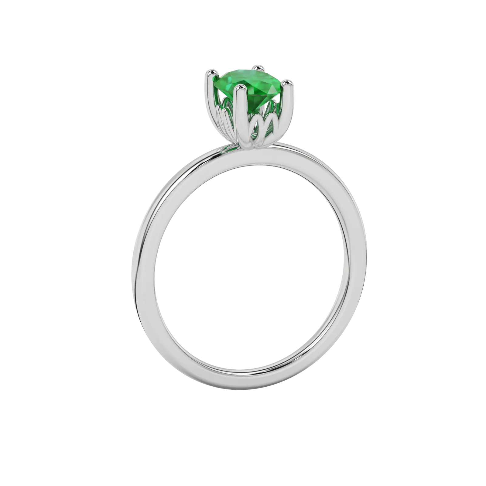 Side profile, white gold emerald green ring, lotus basket gallery.