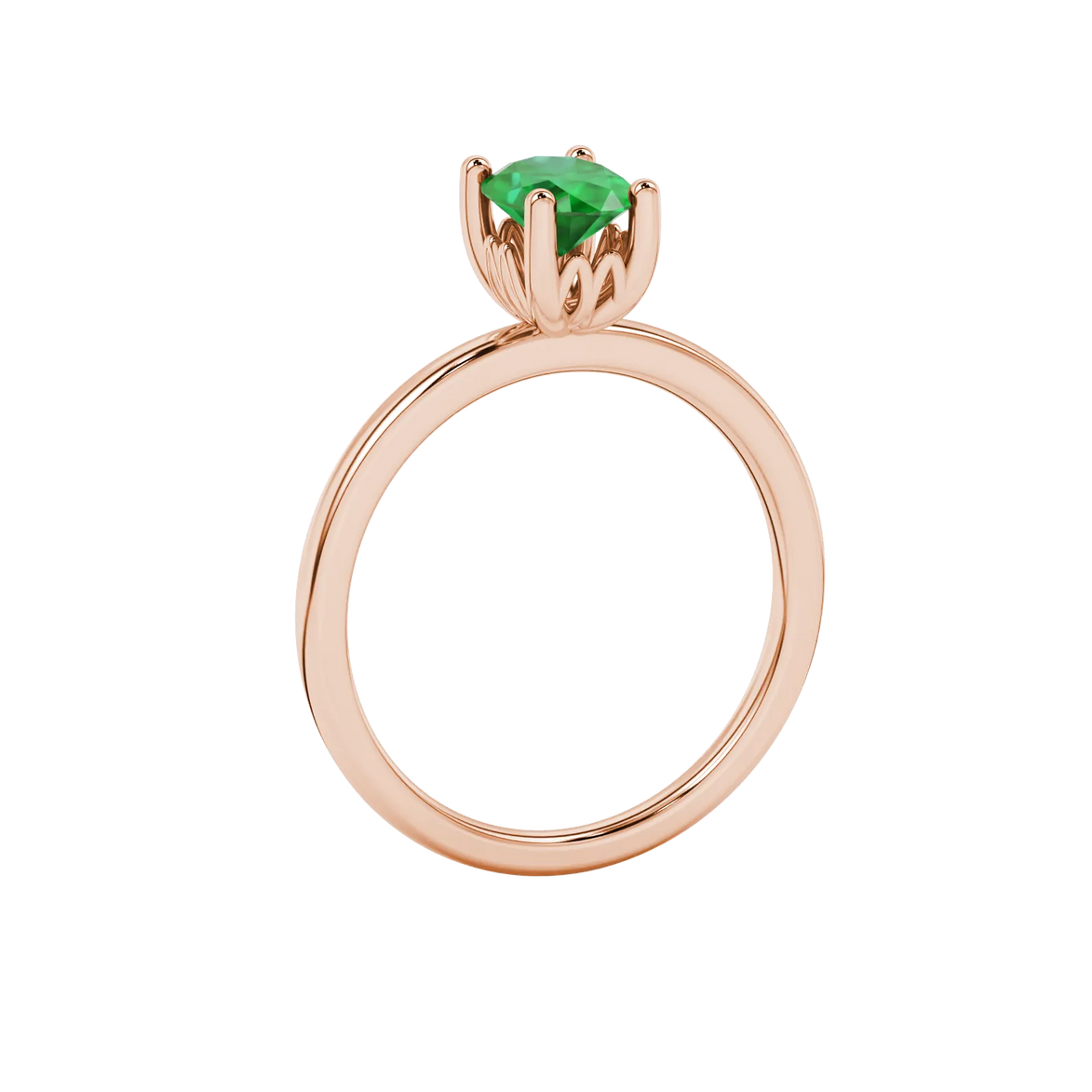 Side profile, rose gold emerald green ring, lotus basket gallery.
