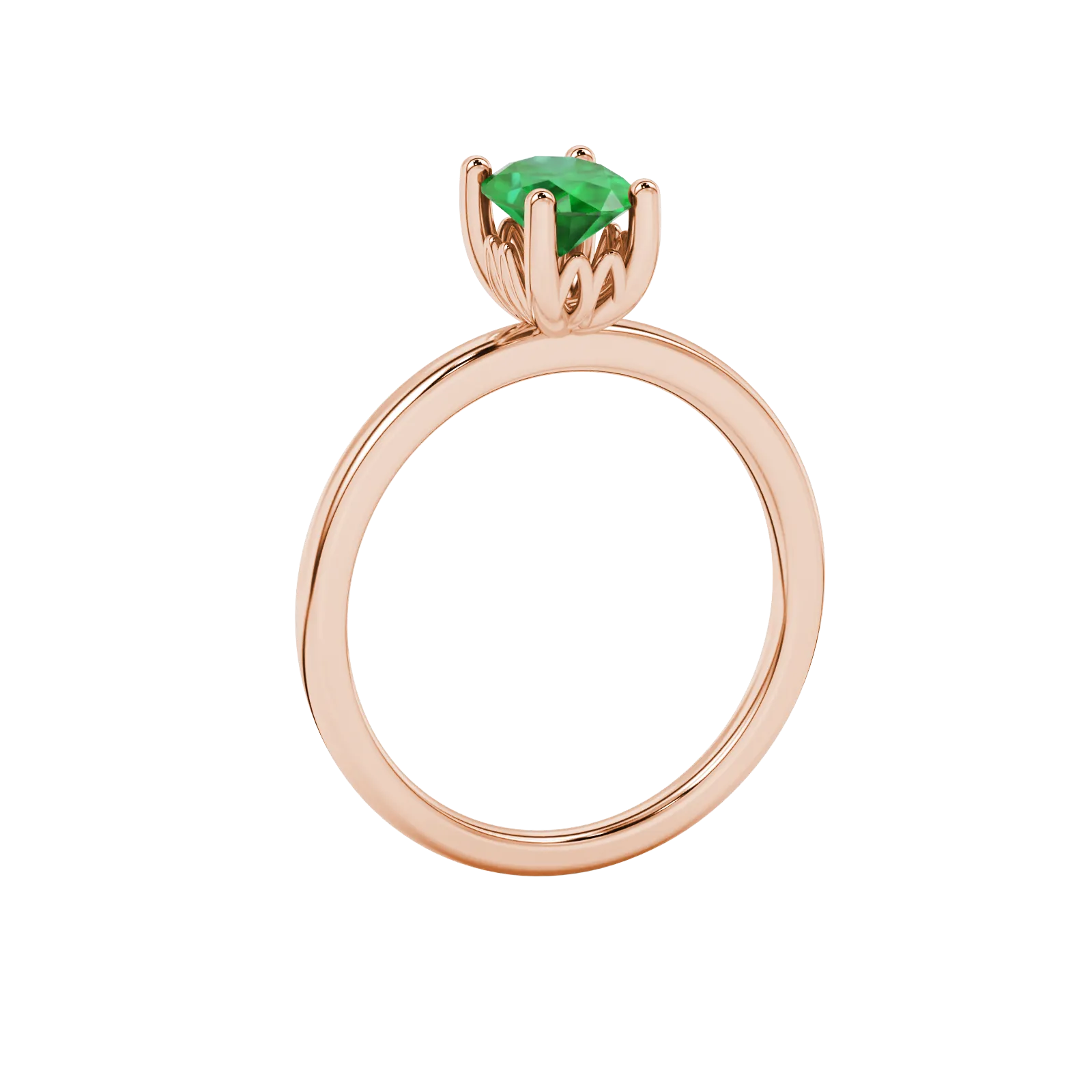 Side profile, rose gold emerald green ring, lotus basket gallery.