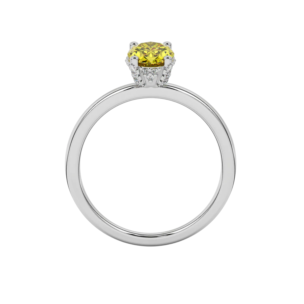 Oval cut canary yellow gemstone ring, white gold pavé basket setting.