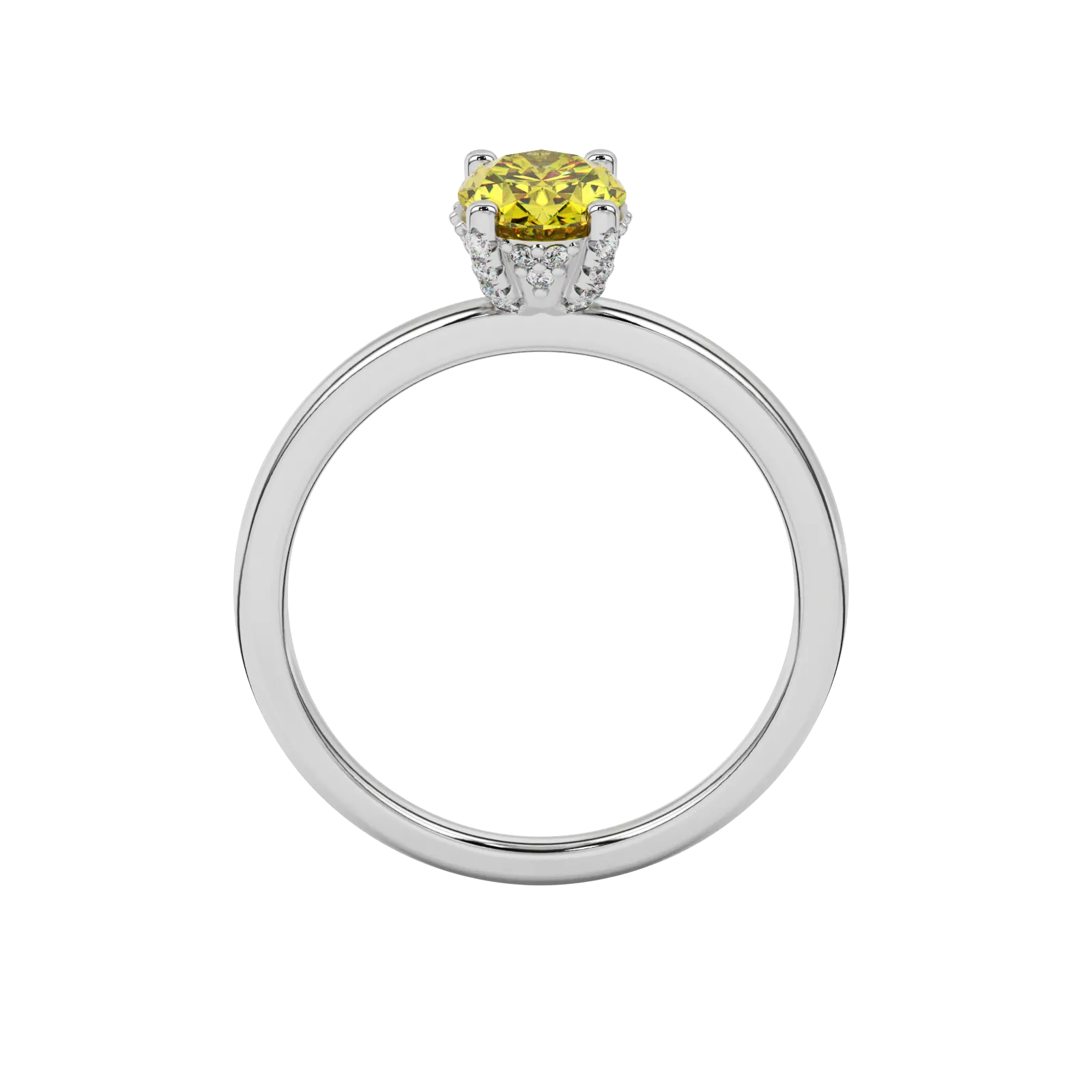 Oval cut canary yellow gemstone ring, white gold pavé basket setting.