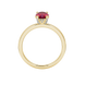 Oval cut raspberry red gemstone ring, yellow gold pavé basket setting.