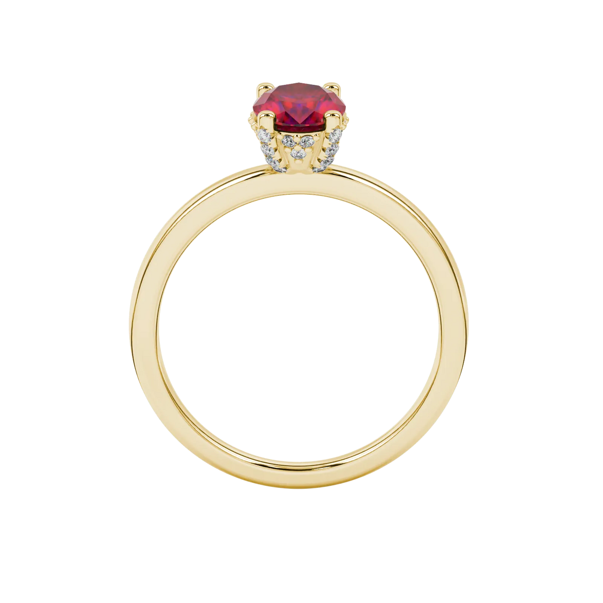 Oval cut raspberry red gemstone ring, yellow gold pavé basket setting.