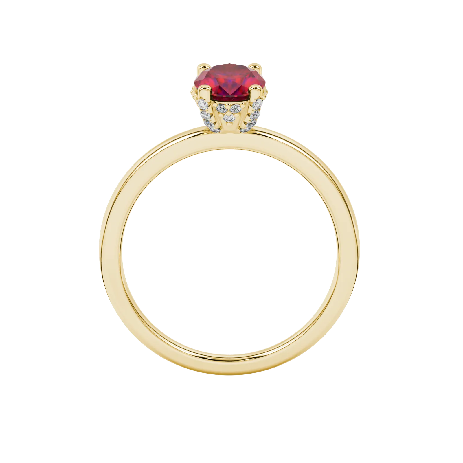Oval cut raspberry red gemstone ring, yellow gold pavé basket setting.