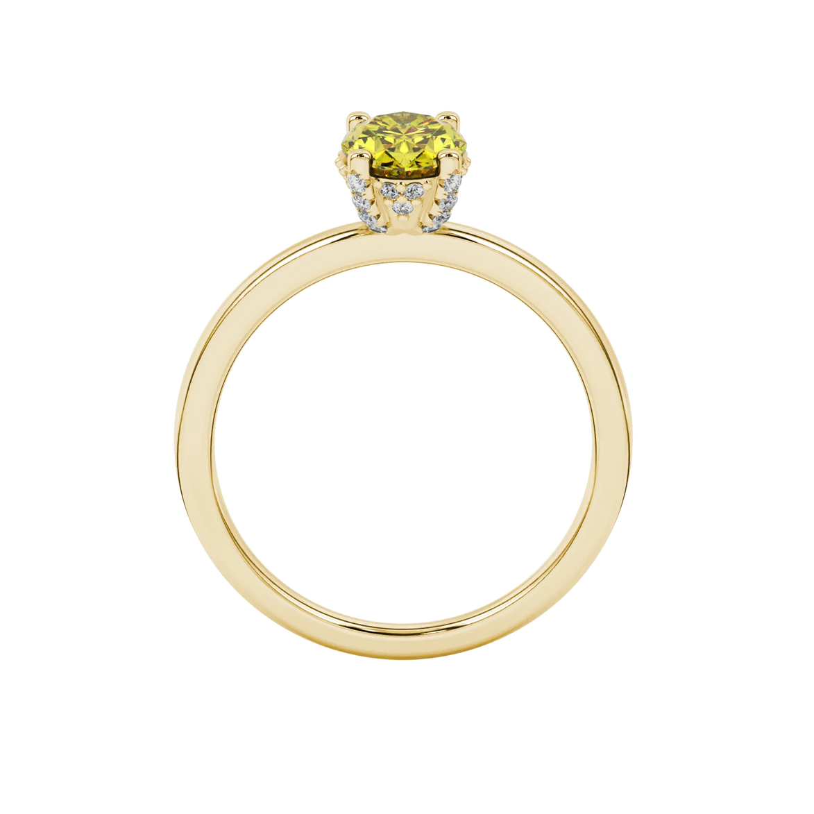 Oval cut canary yellow gemstone ring, yellow gold pavé basket setting.