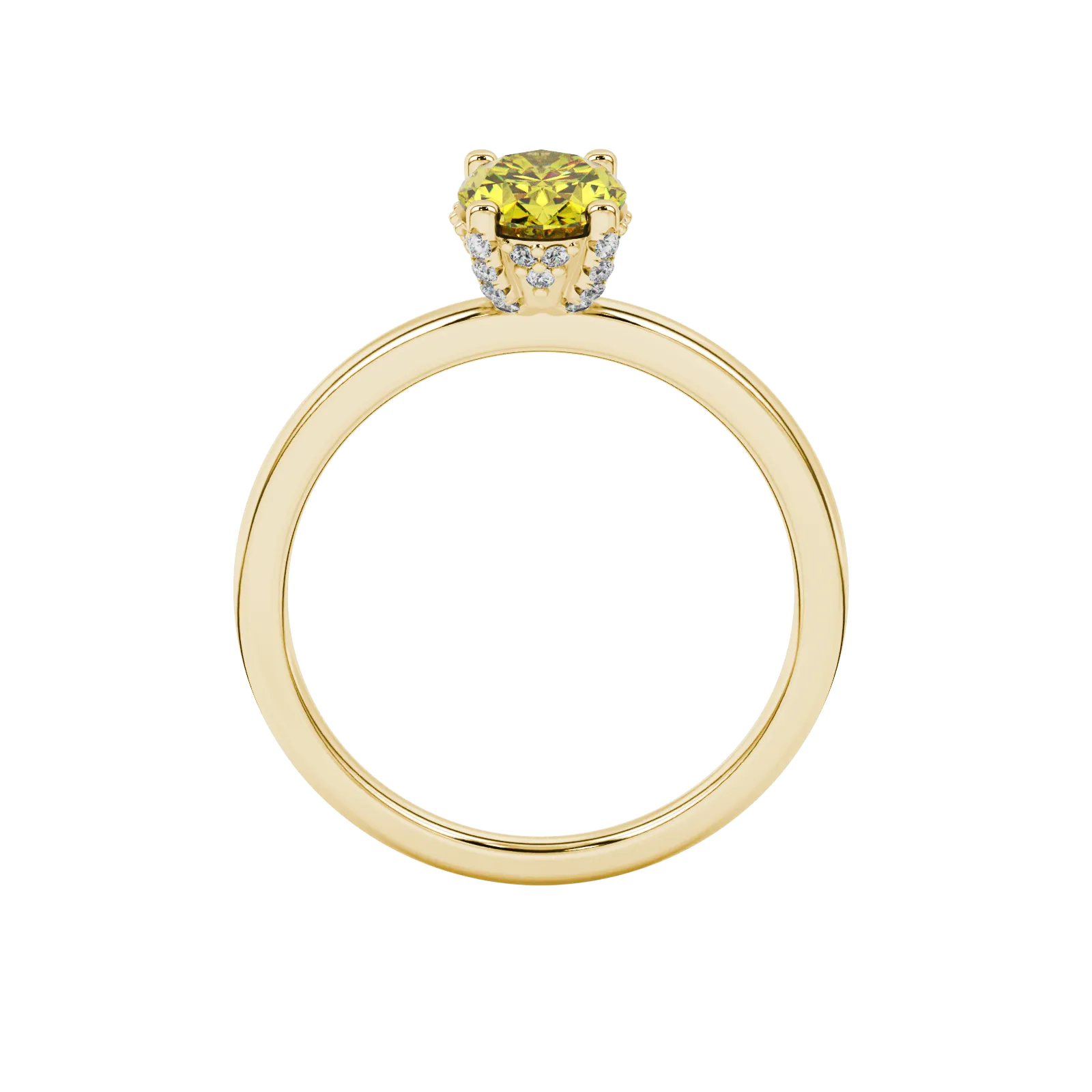 Oval cut canary yellow gemstone ring, yellow gold pavé basket setting.