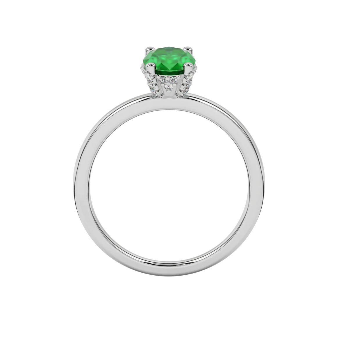 Oval cut emerald green gemstone ring, white gold pavé basket setting.