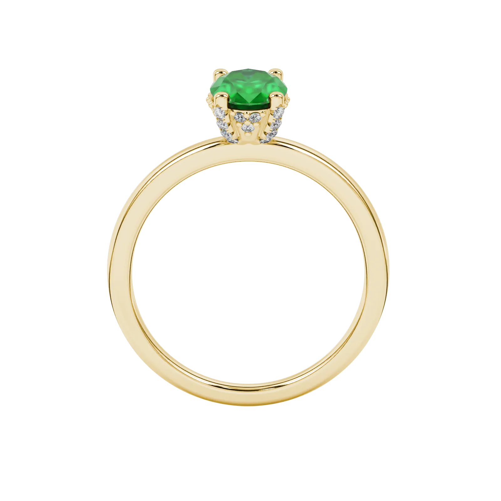 Oval cut emerald green gemstone ring, yellow gold pavé basket setting.