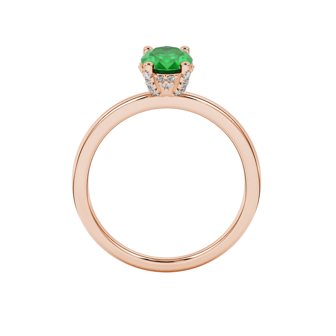 Oval cut emerald green gemstone ring, rose gold pavé basket setting.