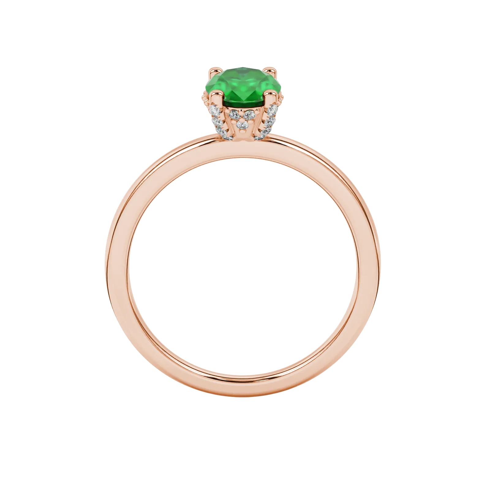 Oval cut emerald green gemstone ring, rose gold pavé basket setting.